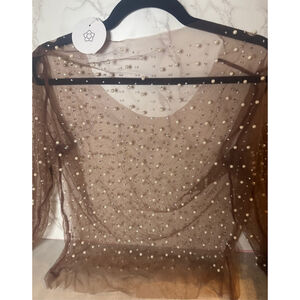 Women's Unbranded Brown Sheer Pearl & Rhinestone Long Sleeve